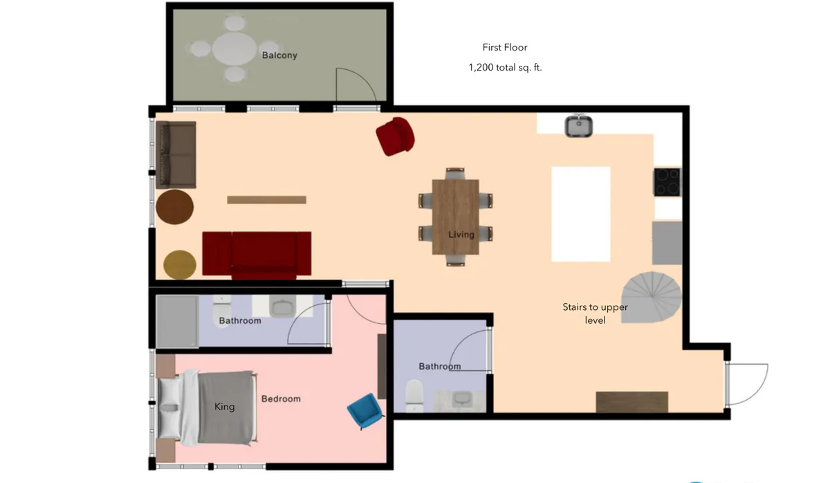 A wide view of the living area, featuring a dining table, a comfortable King bedroom, and a balcony with natural light spilling in. The scene is arranged for both relaxation and socializing, showing multiple zones for different activities.