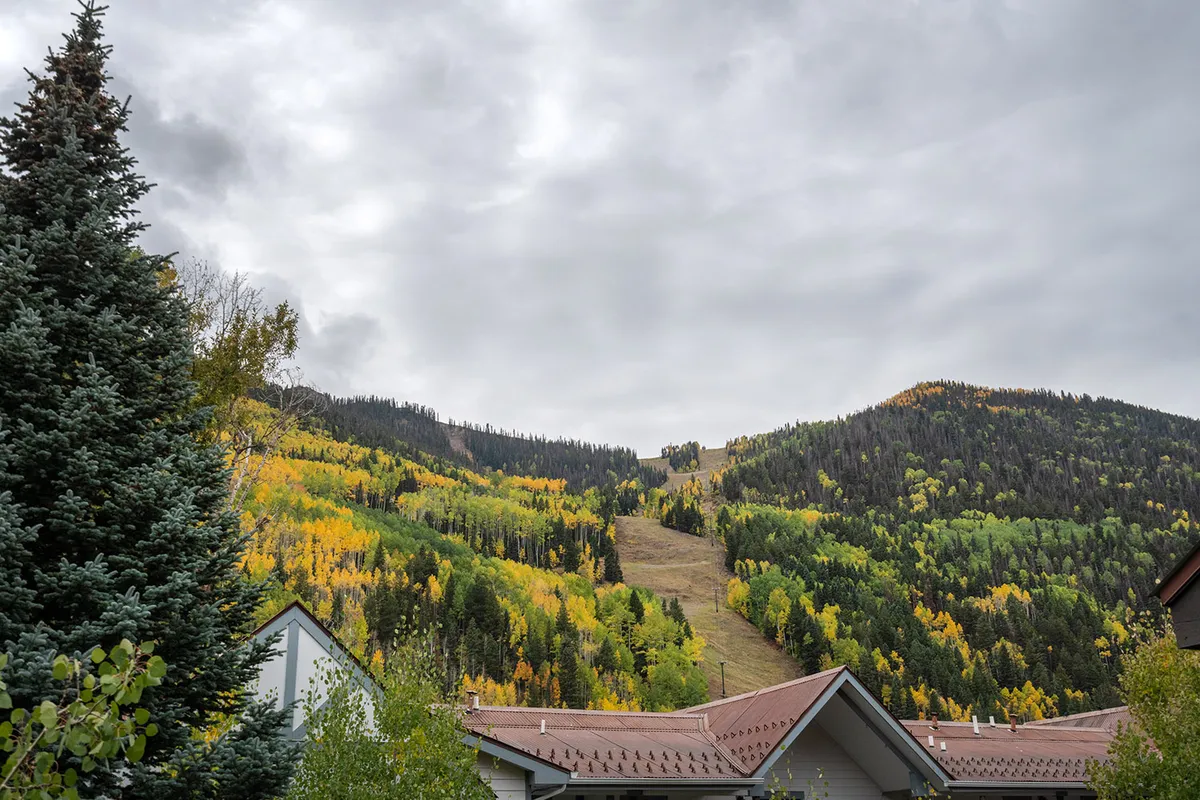A stunning view of the San Juan Mountains with a vibrant display of colorful autumn foliage and rooftops nestled below. The tranquil scene invites viewers to imagine enjoying these breathtaking vistas from a private balcony or while wandering nearby trails.